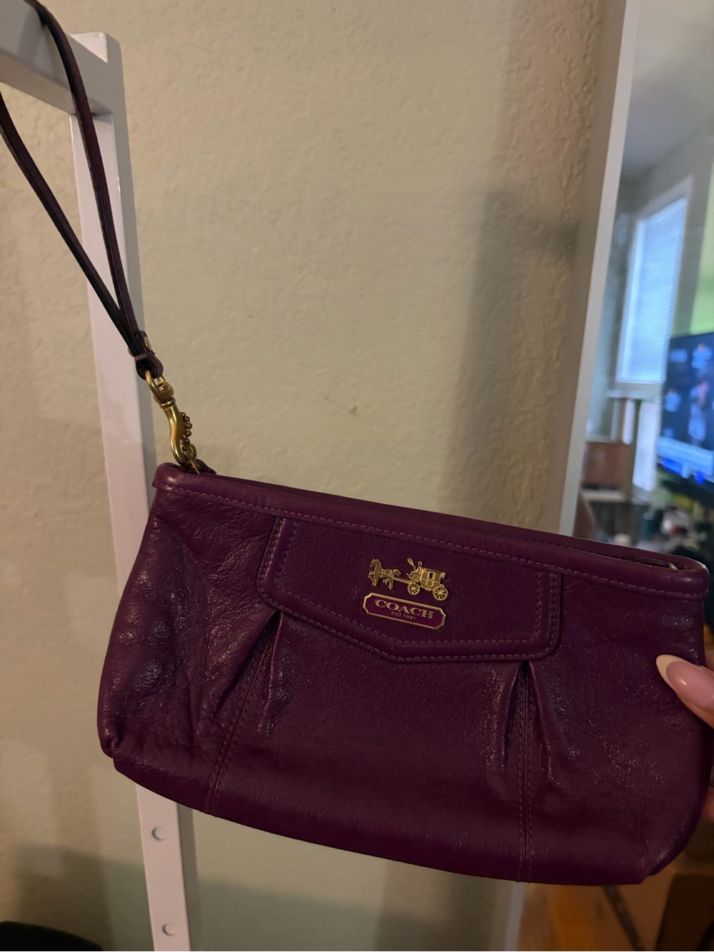 Coach Plum Leather Wristlet Clutch with Gold-Tone Hardware
